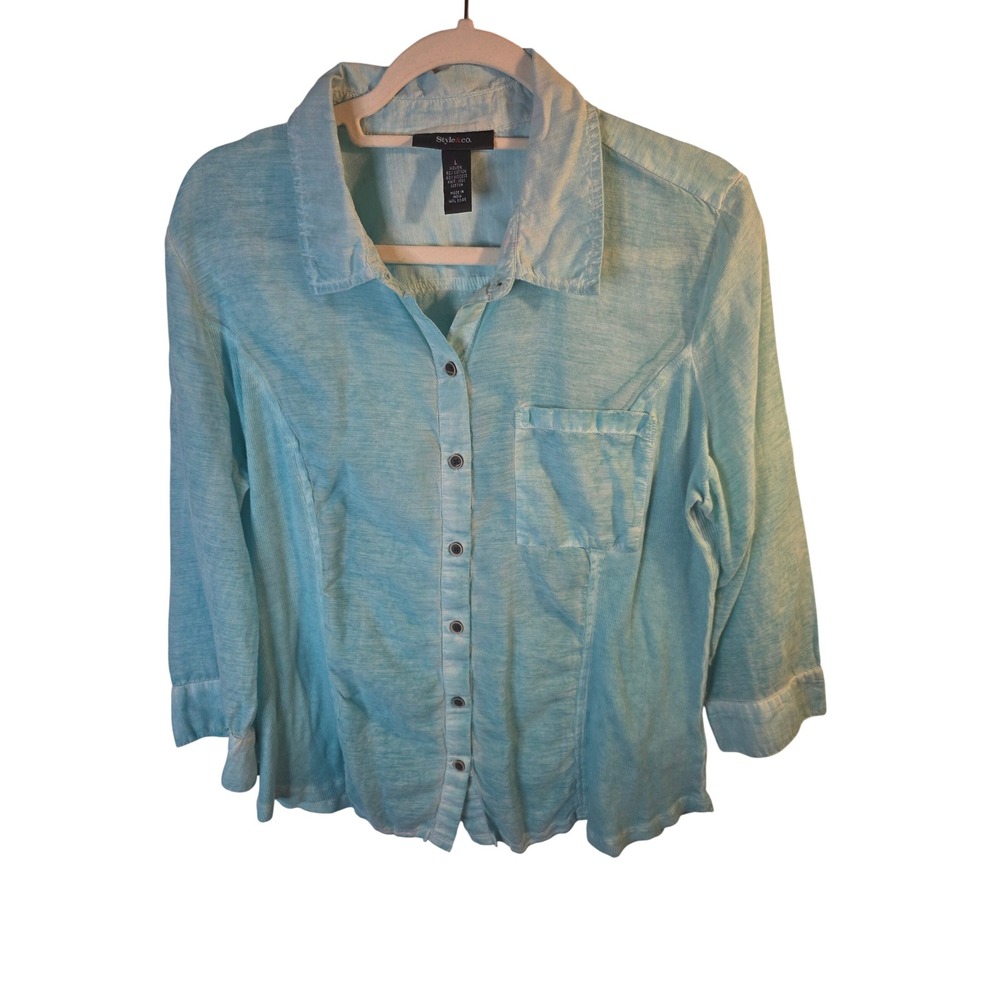 Style & Co Womens Aqua Blue Mixed Media Button Down Shirt 3/4 Sleeve Large L